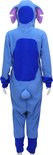 Achterkant van een blauwe Stitch onesie met grote donkere blauwe buikvlek, staart en paarse binnenkant van de oren.