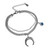 Gelaagde Armband Dames - Gepolijst RVS - Dubbele Armband met Halve Maan en Turks Oog – Verstelbaar 15cm tot 19cm