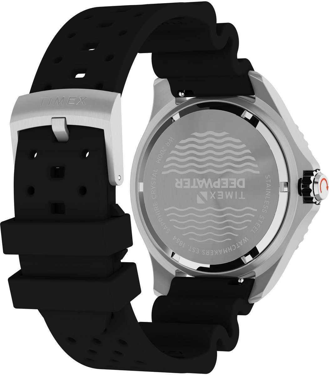Timex Deep Water Meridian 200 Quartz Analoog Horloge Zwart Kast: 100% Roestvrij Staal | Armband: 100%Synthetisch Rubber 44 TW2W81500AJ, TW2W81600AJ, TW2W81700AJ