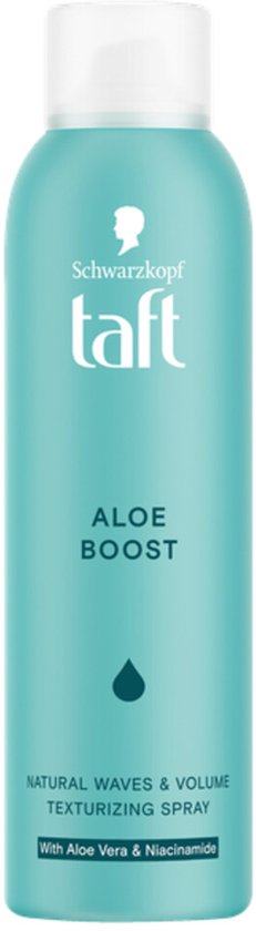 Lichtblauwe fles van Taft Aloe Boost texturiserende spray voor natuurlijke golven en volume.