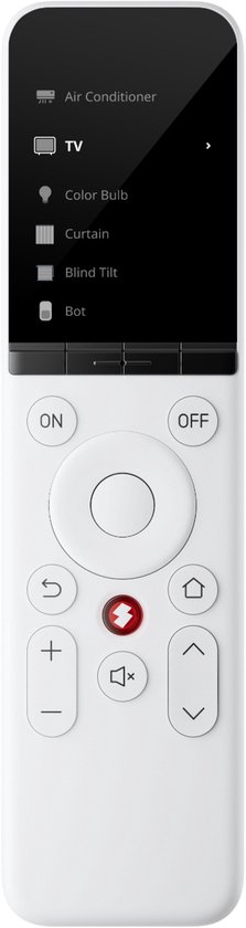 Witte universele afstandsbediening met zwart scherm met menu-opties zoals Air Conditioner, TV en Color Bulb. Grote ronde navigatieknop.