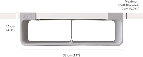 Dimensions de l'organisateur Joseph Joseph gris : 33 cm de large, 11 cm de haut, épaisseur max. 2 cm.