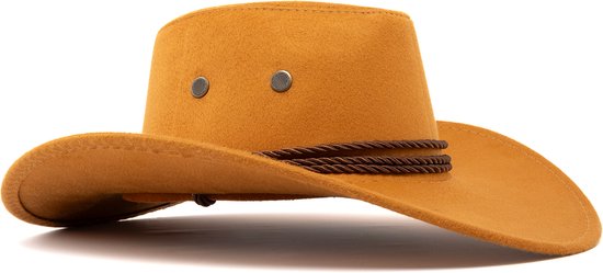 KIMU Cowboyhoed Caramel Suedelook - Oranje Bruine PU Suede Cowboy Western Hoed Bruine Touw Dames Heren - Cowgirl Ranger Yellowstone Carnaval