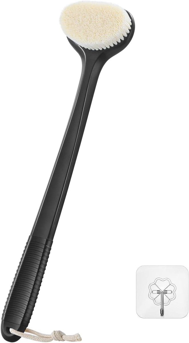 Achterrugborstel voor Douche – 43 cm Lange Antislip Handgreep Medium Harde Wildezwijnharen voor Zachte Exfoliatie – Zwart