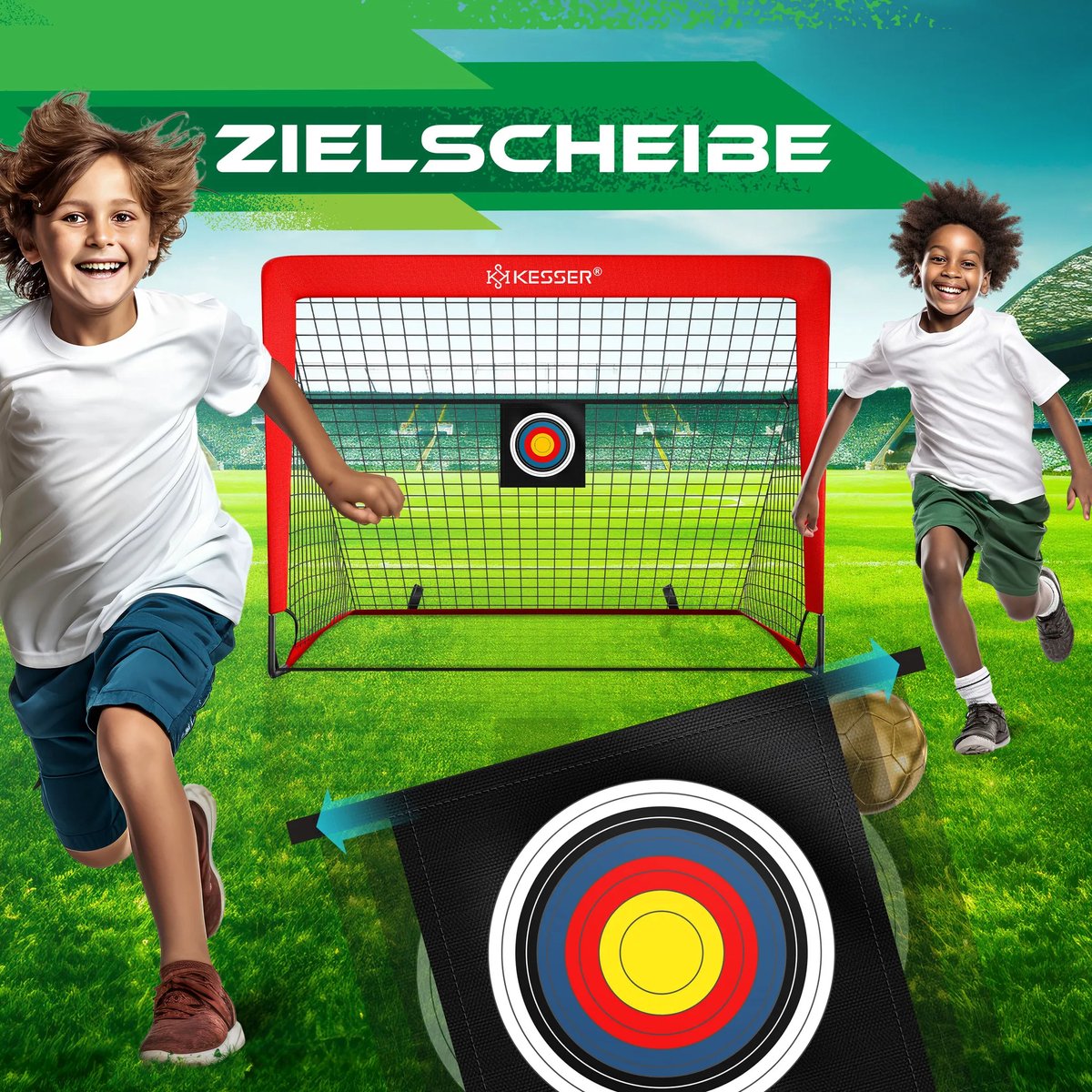 KESSER® Pop-Up Kindervoetbaldoel Set van 2 | Opvouwbare voetbaldoelen met glasvezelpalen en hoogwaardige doelnetten voor binnen-, buiten- en tuingebruik | Met draagtas 6x kegels bal pomp doel