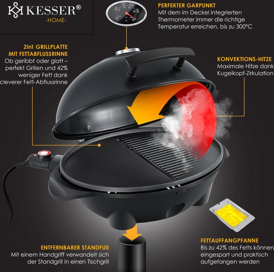 KESSER® elektrische grill 2in1 tafelgrill - staande grill met deksel en standaard - maximaal 2400 watt thermometer - Anti van KESSER — afbeelding 4