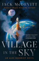 Boekomslag voor 'Village in the Sky', met een raket die opstijgt met de aarde en een maan op de achtergrond.