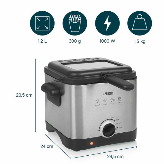 Zilverkleurige Princess mini friteuse met afmetingen 20,5x24x24,5 cm. Icons voor inhoud, gewicht, wattage en capaciteit.