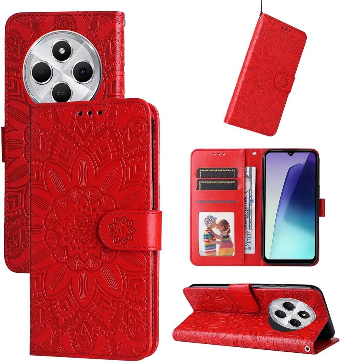 Mobigear Telefoonhoesje geschikt voor Xiaomi Redmi 14C Hoesje | Mobigear Sunflower Bookcase Portemonnee | Pasjeshouder voor 3 Pasjes | Telefoonhoesje voor Pinpas / OV Kaart / Rijbewijs - Rood