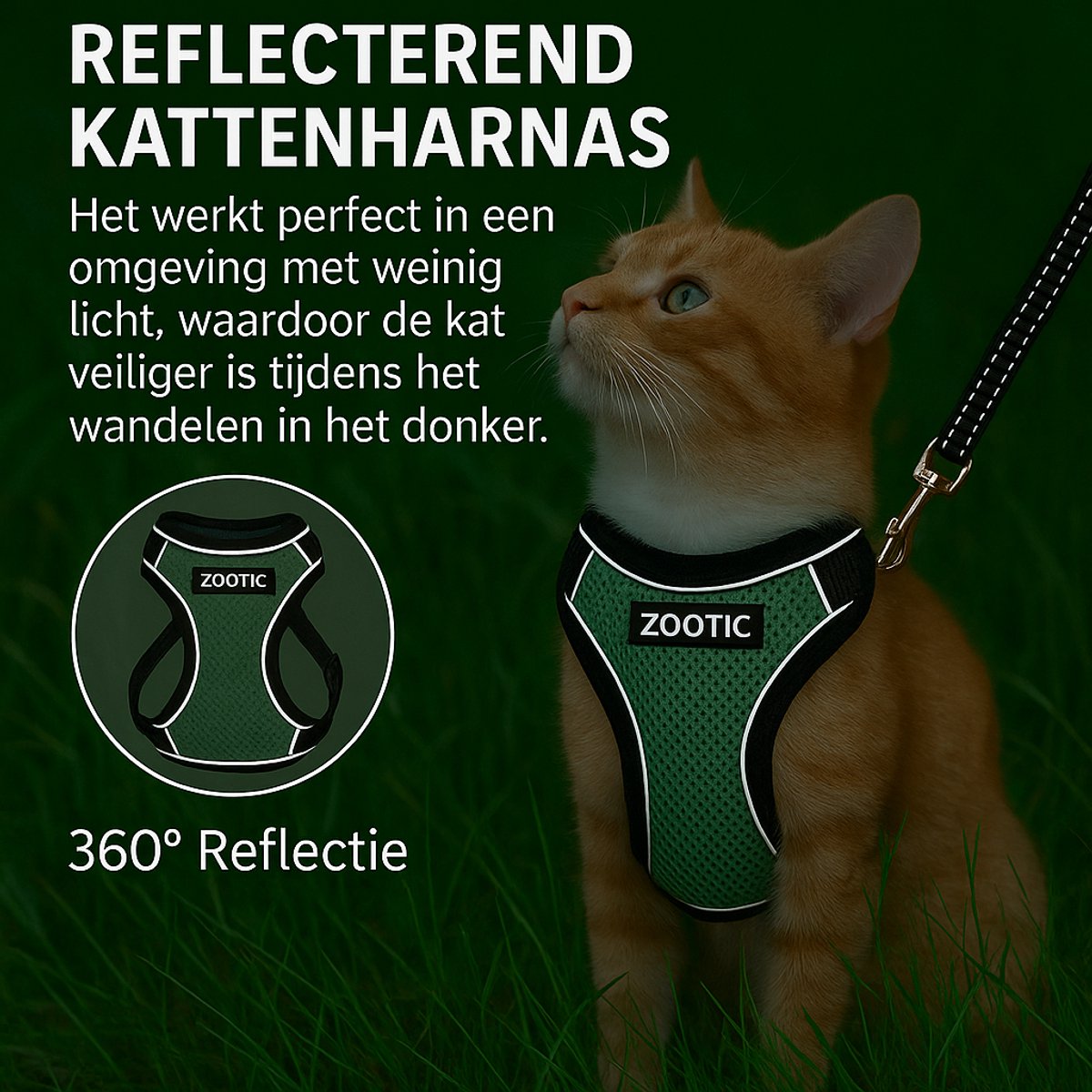 Mooshy Kattenharnas – Groen, Step-in, Reflecterend, Ademend Air Mesh, Anti-trek, Inclusief Riem En Halsband, Maten XXS T/m S, Voor Kleine Katten En Honden