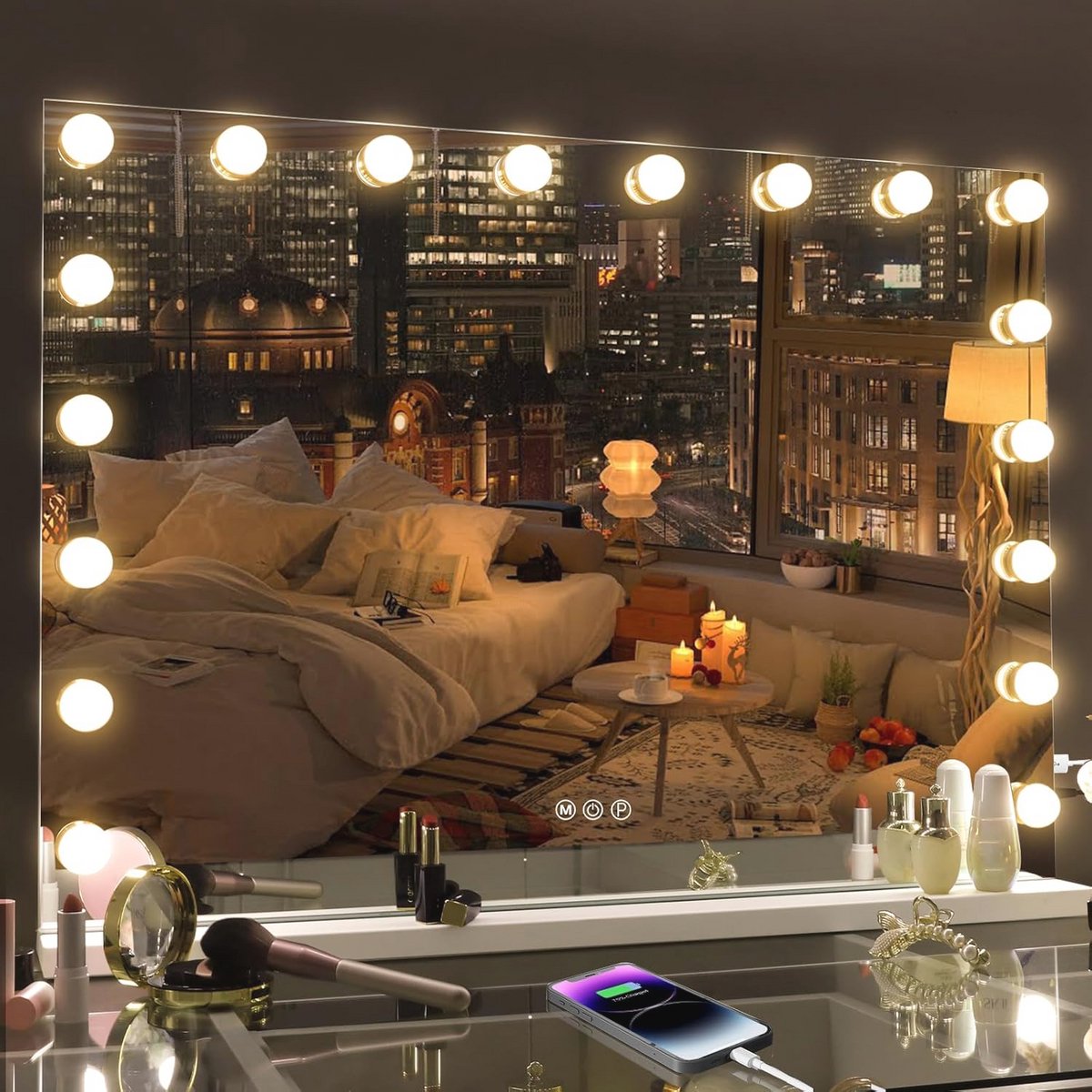 Hollywood spiegel met verlichting 80 x 60 cm - Make-upspiegel met 18 dimbare LED-lampen en USB-aansluiting