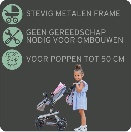 Stevig metalen frame, geen gereedschap nodig voor ombouw, voor poppen tot 50 cm.