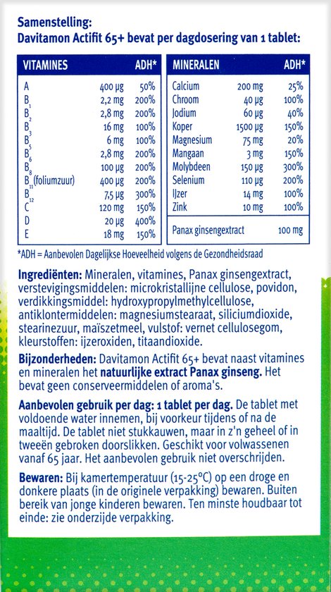 Achterkant van de Davitamon Actifit 65+ verpakking met ingrediënten en gebruiksaanwijzing.