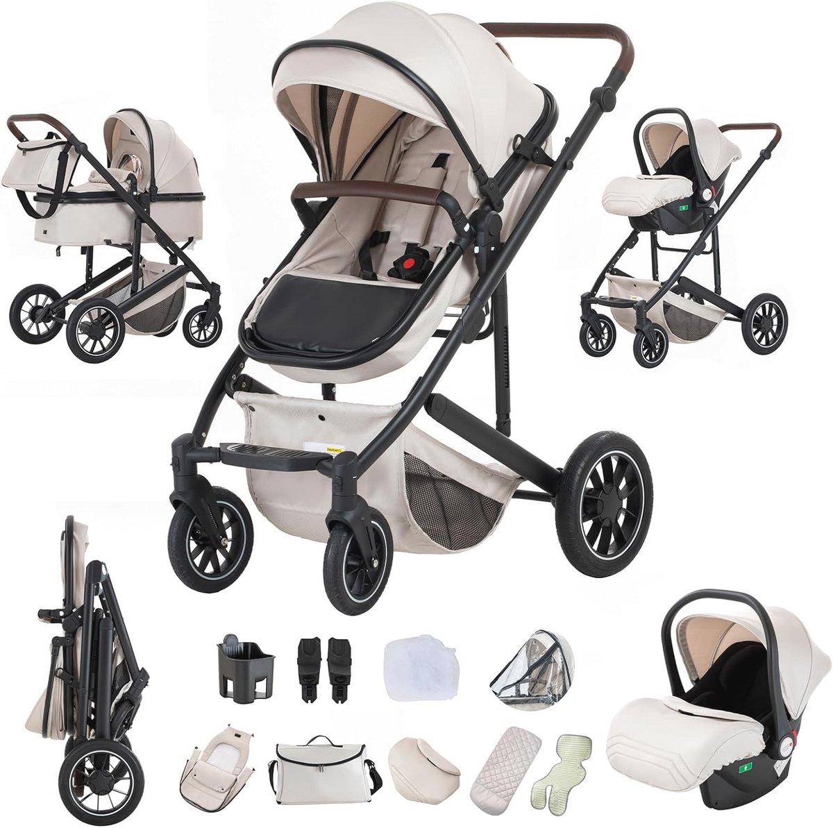 Image of 3-in-1 Kinderwagen met Autostoel en Reiswieg - Verstelbare Armleuningen, Regenbescherming en Muggennet - Ideaal voor Baby's van 0-4 Jaar