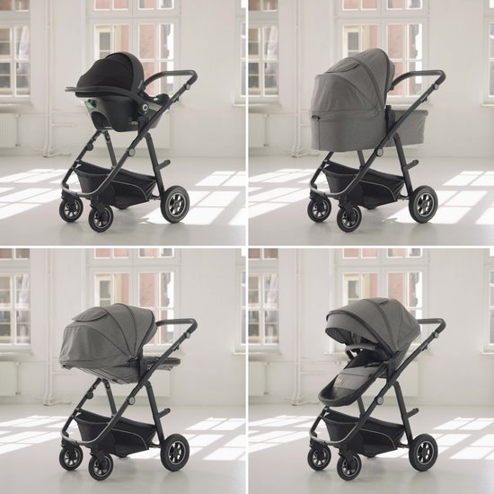 Vier afbeeldingen van een grijze kinderwagen in verschillende configuraties: met autostoel, reiswieg en zitting.
