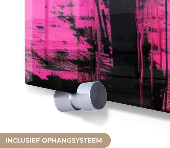 MuchoWow® Glasschilderij 120x80 cm - Schilderij acrylglas - Hond - Zonnebril - Roze - Art - Foto op glas - Muurdecoratie woonkamer - Wanddecoratie slaapkamer - Schilderijen