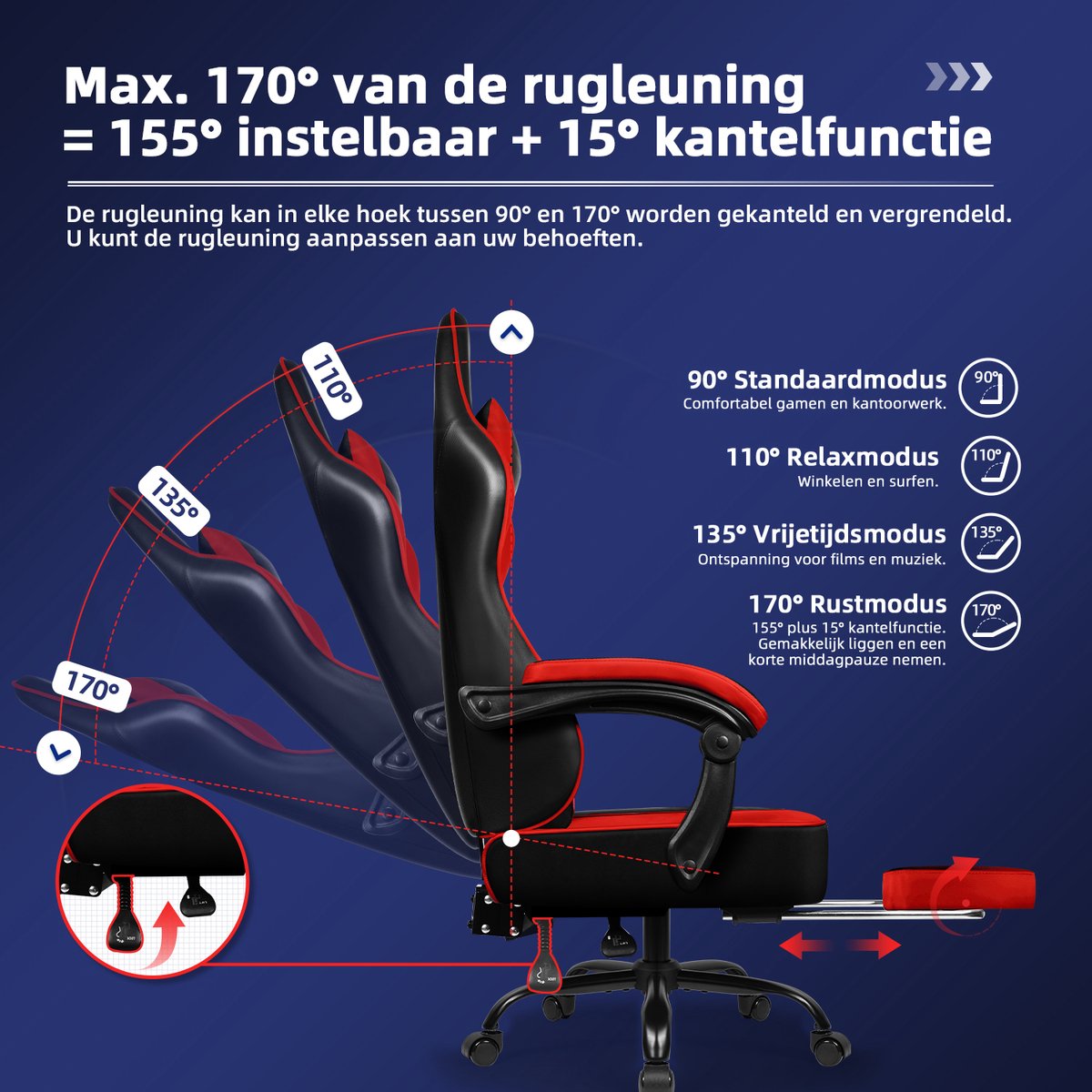 Afbeelding 2 van Hiaonyx Gaming Stoel - 170° Verstelbare Rugleuning - Gaming Stoel met inklapbare Voetsteun - racerstijl - Geïntegreerde Armleuningen - Maximale Belastbaarheid 150kg - Rood