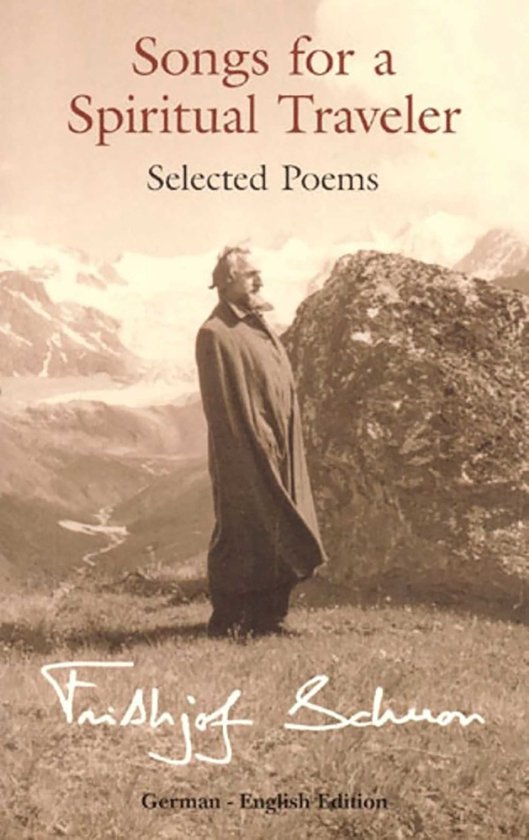 Boek "Songs for a Spiritual Traveler", geselecteerde gedichten, Duitse-Engelse editie, met een man in een bruine mantel.