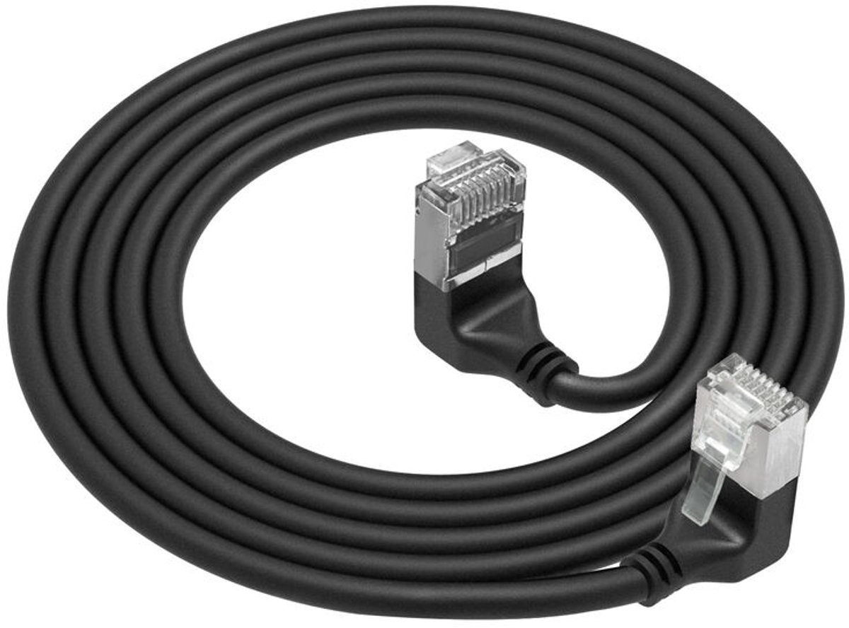 Image of ACT Zwarte 1 meter U/FTP CAT6A LSZH Slimline patchkabel met RJ45 connectoren 90° haaks beneden naar 90° haaks boven DA7901