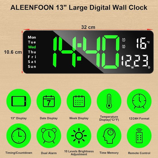 ORIA Digitale led-wandklok, 10,5 inch scherm, digitale wandwekker