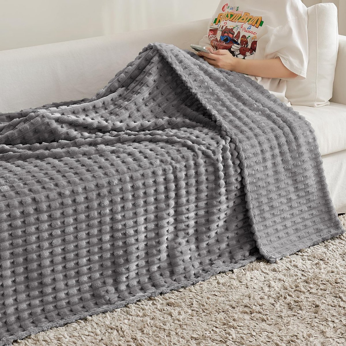 Ibenzoa Grote, Zachte Fleece Deckenbedekking in Grau mit Streifenmuster – 125 x 150 cm grijs