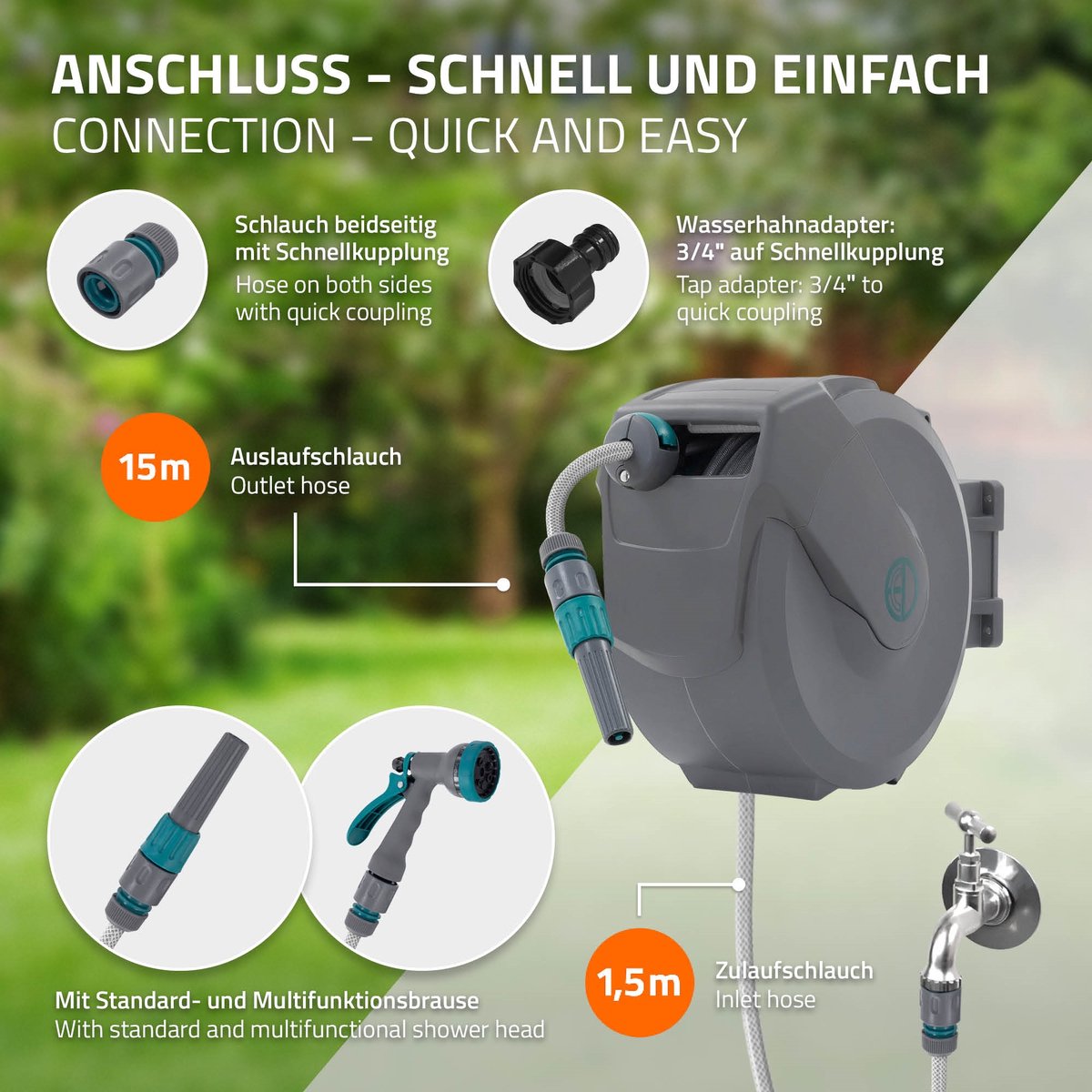 ECD Germany rollup tuinslanghaspel 15m+1,5m muurgemonteerde slanghouder met automatisch oprolmechanisme vergrendelingssysteem 9 sproeifuncties 180° zwenkbaar waterslangbox voor wandbevestiging ideaal voor tuin en terrasonderhoud – foto 6
