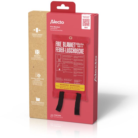 Verpakking van een rode brandblusdeken, Alecto SB11, met productinformatie en een QR-code.