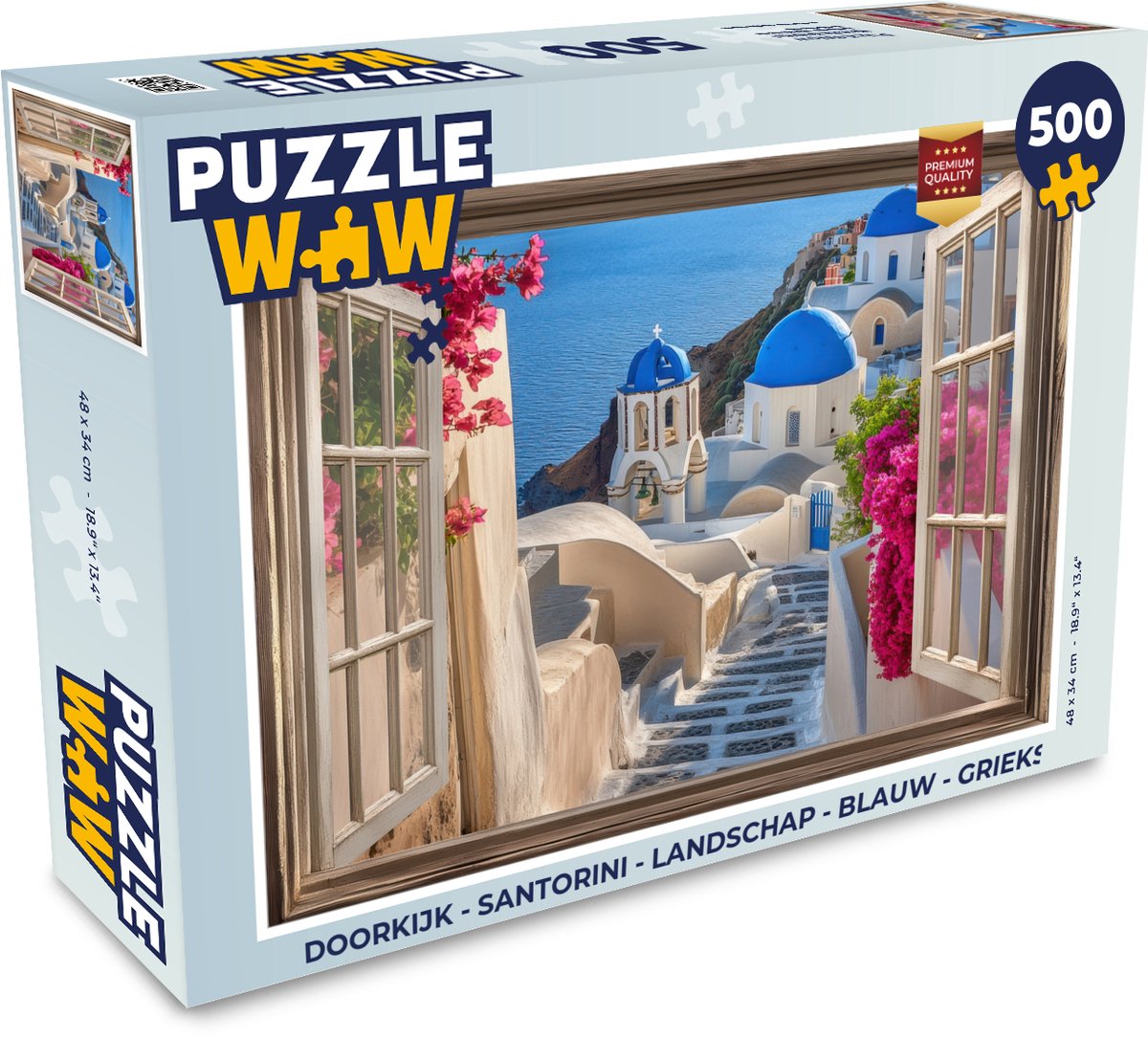 Puzzel Doorkijk - Santorini - Landschap - Blauw - Grieks - Legpuzzel - Puzzel 500 stukjes