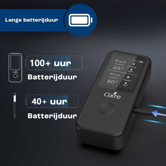 Claire vleesthermometer met weergave van 100+ uur batterijduur en opladen via USB.
