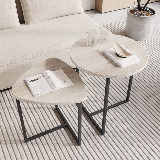 Ronde Salontafel Set van 2 met Metalen Onderstel en Houten Blad ...
