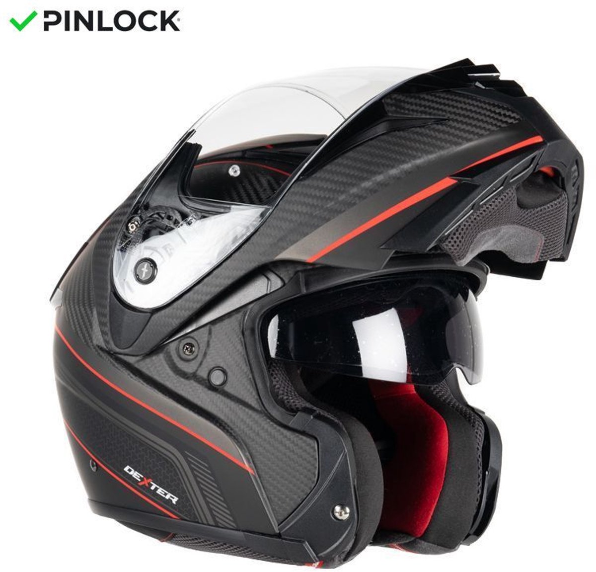 MOTOBLOUZ ADRON CARBON DECAL MAT 22.06 Systeemhelm - Motorhelm ECE 22.06 Gekeurd - Scooterhelm & Brommerhelm - Heren & Dames - Mat koolstofzwart/rood - L