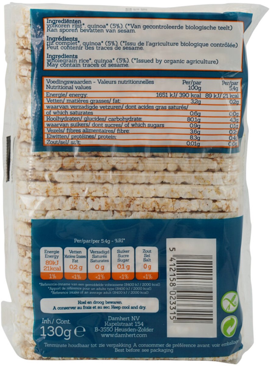 Damhert Biofood Maiswafels Quinoa Biologisch - 3 x 130 gr - Voordeelverpakking