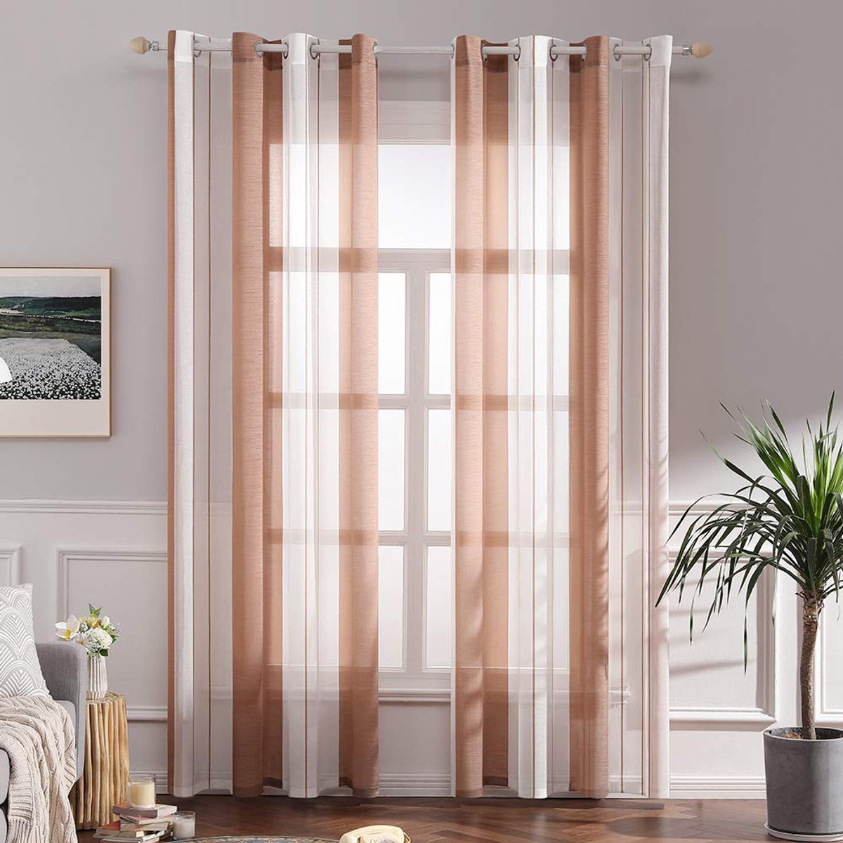 Unyqoos Transparante Gordijnset met Klassiek Strepenpatroon en Inslagringen voor Woon- en Slaapkamer bruin