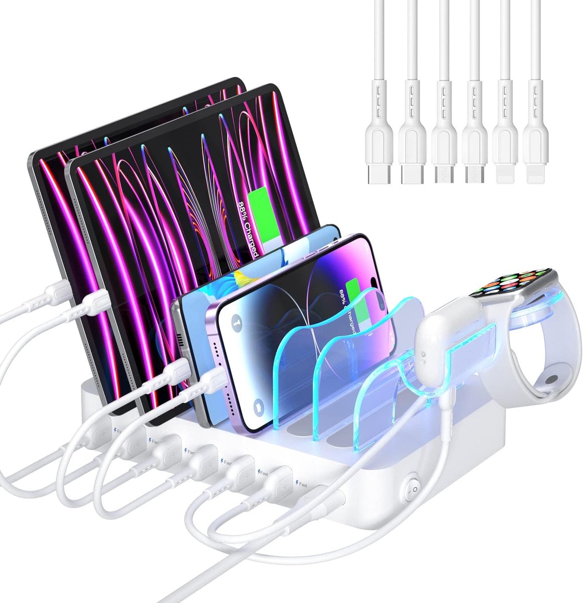 USB-oplaadstation voor meerdere apparaten - 6 poorten 50W met kabels en i-Watch houder - ideaal voor telefoons en tablets