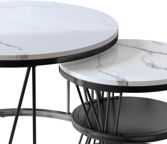 Set de 2 tables basses rondes 70/45 cm, plateau en V Étagère dorée + plateau blanc avec motif marbre, convient pour salon, salle de café, salon - Wit avec Zwart
