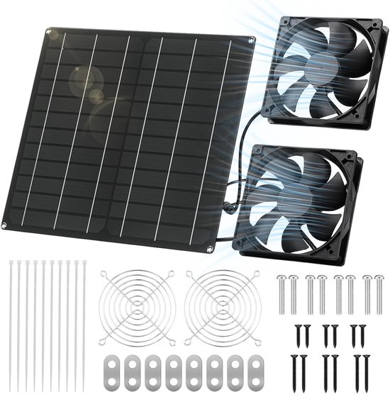 Zonneventilator 15W met Dubbele Uitlaat - Waterdichte Ventilator voor Kippenhok, Kassen en Huisdieren