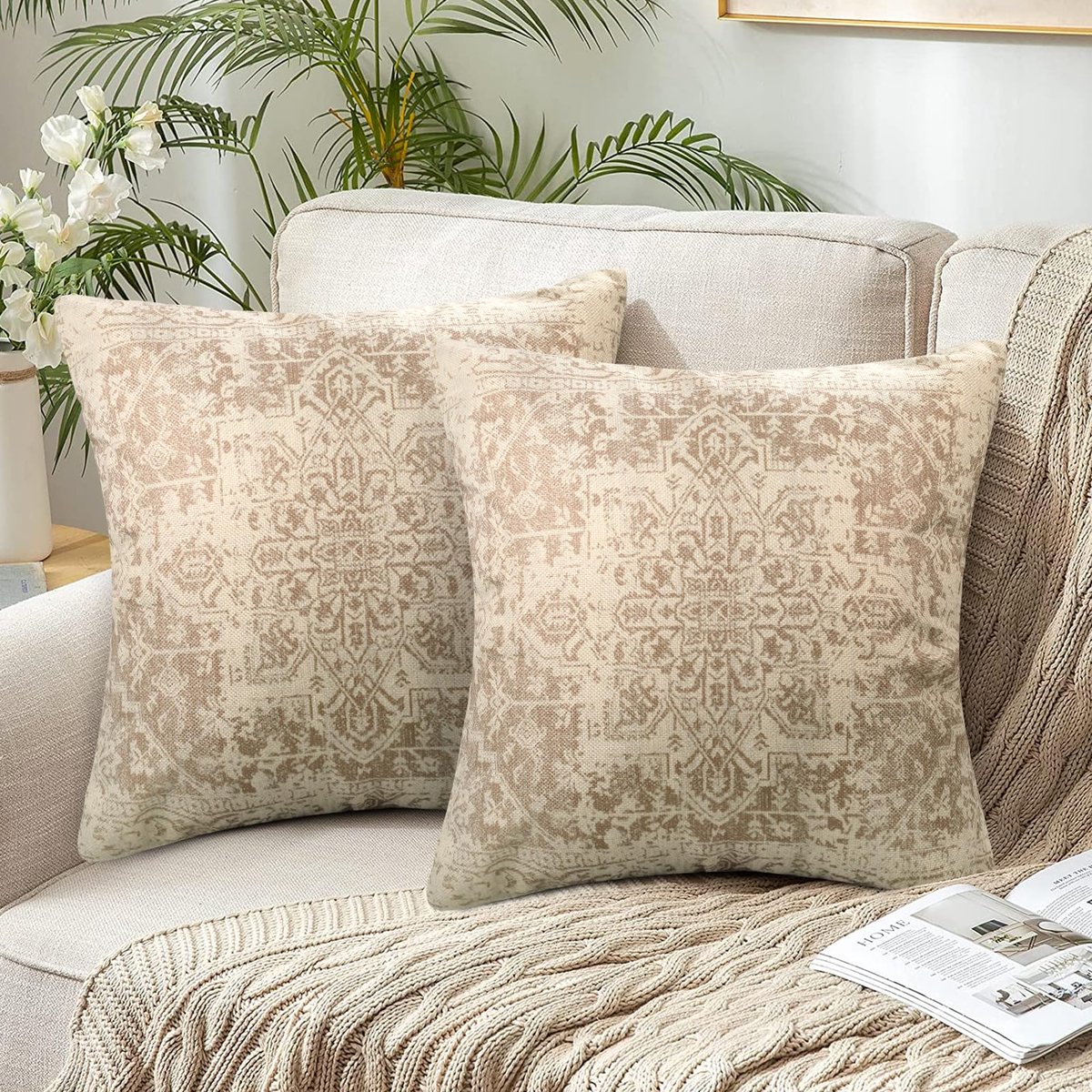 Ibenzoa® Set van 2 Stijlvolle Boho Kussenslopen met Dubbelzijdige Abstracte Print, 45 x 45 cm, Beige