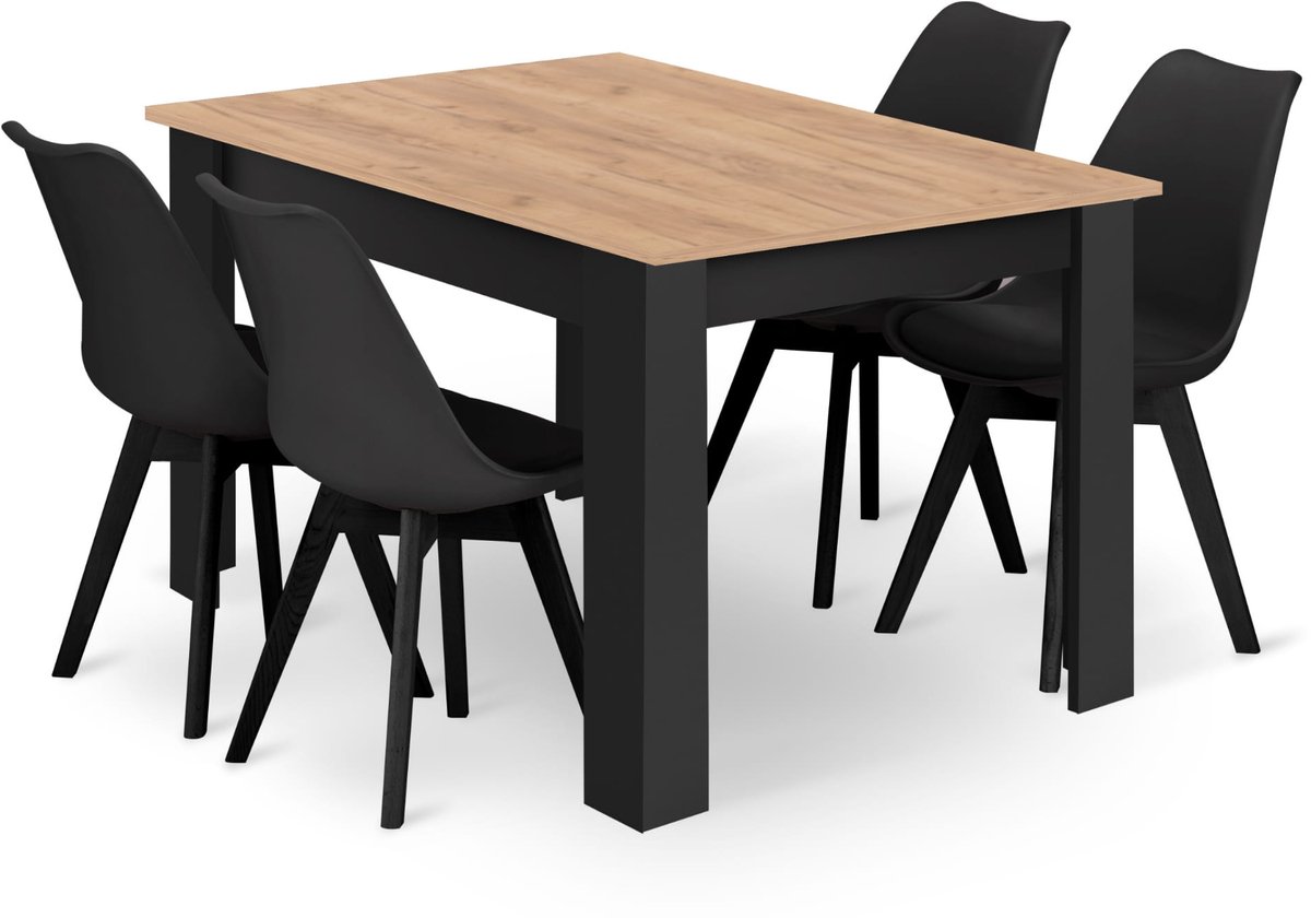 LEOBERT Eethoek - Eettafelset - NP 120x80 Craft met Zwarte Poten + 4 Stoelen MARK Zwart met Zwarte Poten, Modern Design, Geschikt voor Keuken, Eetkamer en Woonkamer hout