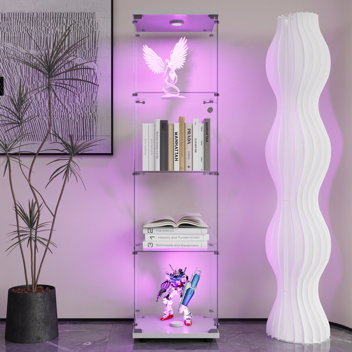 Vitrinekast in glas met LED, Moderne vitrinekast met 4 planken in ESG-glas, Collection Vitrinekast voor Bar, Woonkamer, 164 x 42,5 x 36,5 cm, Wit