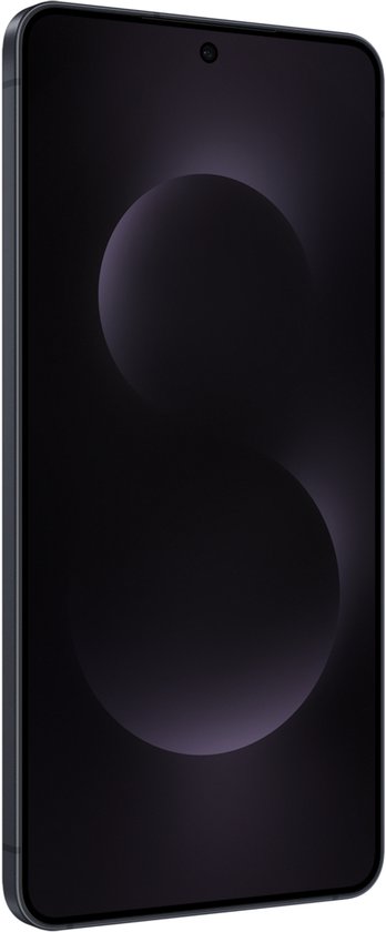 Zijkant van een zwarte Samsung telefoon met S-vormige wallpaper.