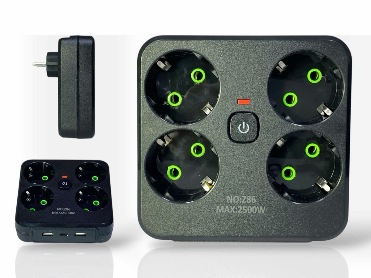 Lucky Hawk - EU stekkerdoos - 4 stopcontacten - 2 USB + 1 Type-C-poort - vierkant stekkerdoos - kantoor stekkerdoos - Black Edition
