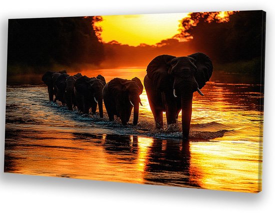 Olifanten bij gouden zonsondergang - Olifanten schilderij - Kunstwerk rivier - Realistische kunst - Binnenhuisdecoratie - Kantoor decoratie - canvas 60x40 cm