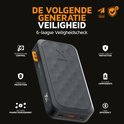 Zwarte powerbank met honingraatpatroon, met 'DE VOLGENDE GENERATIE VEILIGHEID' en veiligheidskenmerken.