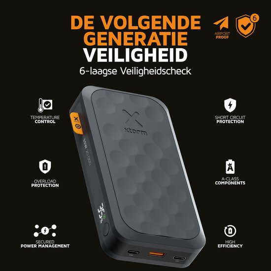 Zwarte powerbank met honingraatpatroon, met 'DE VOLGENDE GENERATIE VEILIGHEID' en veiligheidskenmerken.