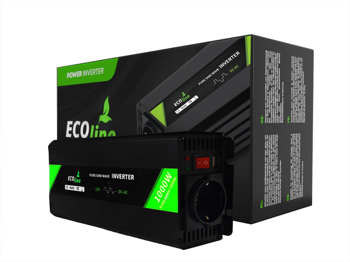 EcoLine - Omvormer 12V Naar 220V / 230V - 1000w Vermogen - Zuivere sinus - Spanning Omvormer.