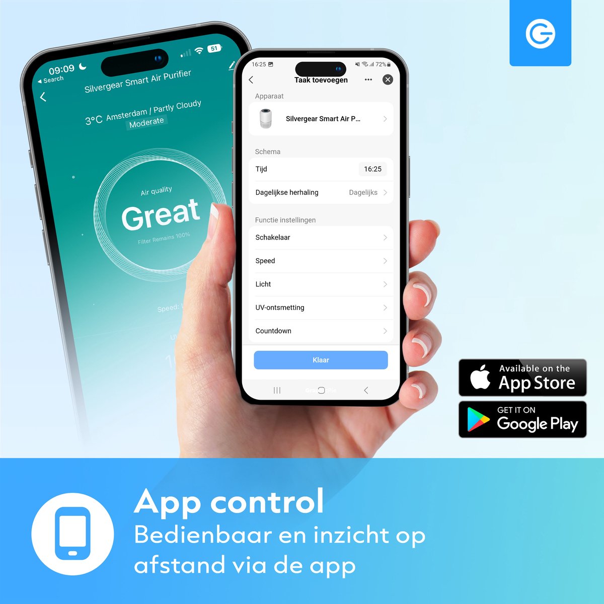 Luchtreiniger Pro met App Combideal 2x Vervangbare HEPA 13 Filter en UV-Lamp - Air Purifier - 165m3/u - Air Cleaner - 4 Standen - Koolstoffilter - Tegen Hooikoorts, Huisstofmijt, Allergie, Stof, Geur, Rook - Wit - Silvergear — afbeelding 5