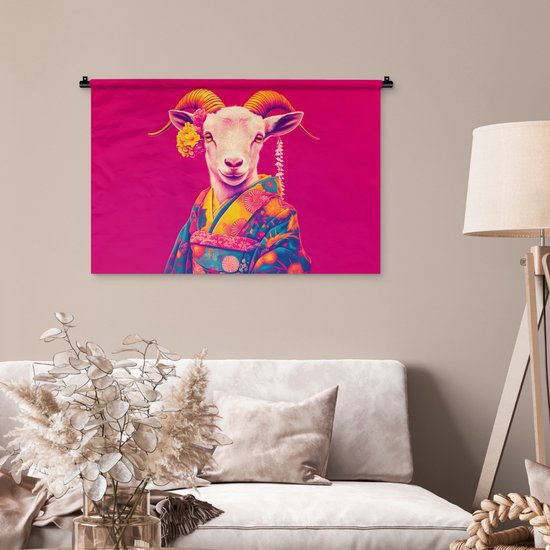 Tapisserie murale 90x60 cm - Tapisserie murale Chèvre - Cornes - Kimono - Colorée - Tapisseries
