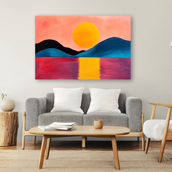 Montagnes colorées et coucher de soleil - Peinture coucher de soleil sur toile - Soleil sur toile - Art abstrait - Décoration murale murale champêtre - Peintures et posters - Toile 150x100 cm