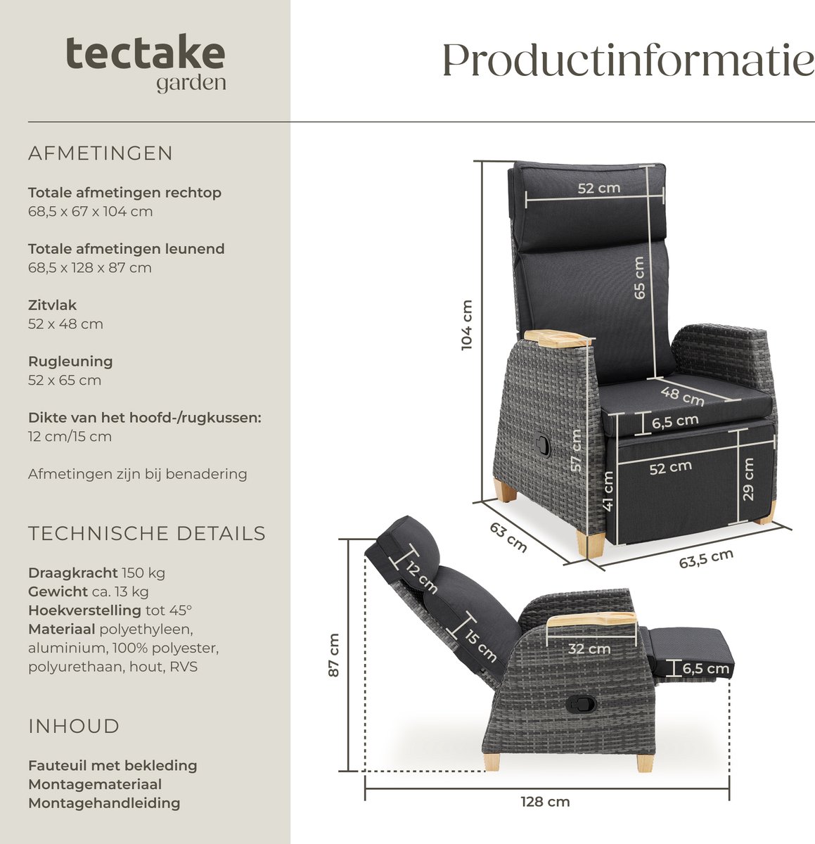 tectake® Set van 2 Wicker Buitenfauteuils - Tuinstoel met Hoge Rugleuning - Met Voetsteun en Verstelbare Rugleuning - Relaxstoel met Ligfunctie - Loungestoel voor Tuin - Ligstoel - Leesstoel - Incl. Ruimte voor Beker/Glas – foto 3