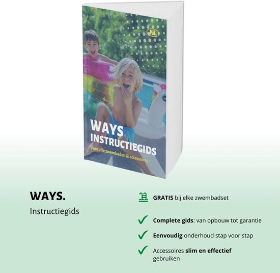Ways Instructiegids voor zwembaden en accessoires met een lachende jongen en meisje in een zwembad.